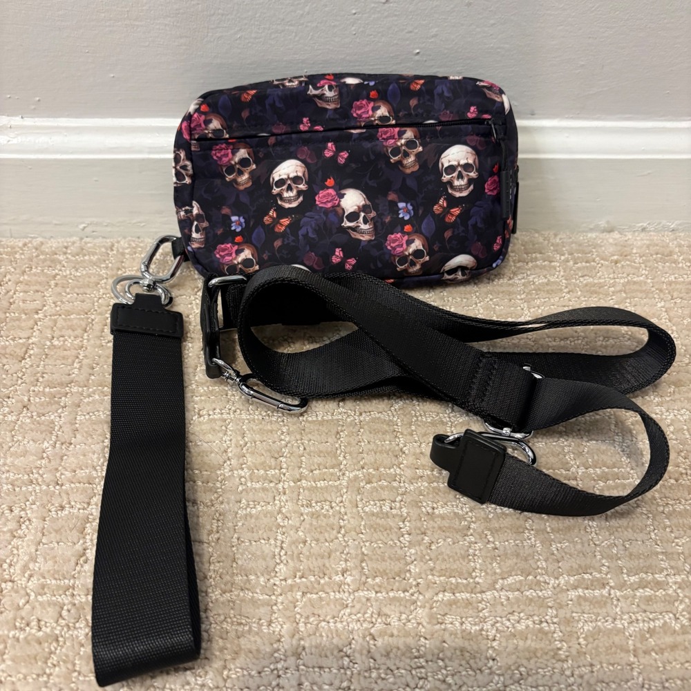 Iris & Rainbow Skull Floral Crossbody Wallet Bag Black Gothic Rose Butterfly